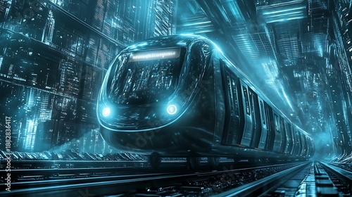 Sleek futuristic subway train illuminated by intense cyan light races through a hypermodern cityscape tunnel showcasing advanced urban mass transit technology and speed
