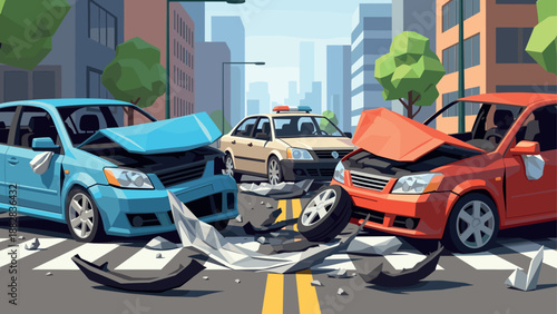 Urban traffic collision scene with damaged cars in city street