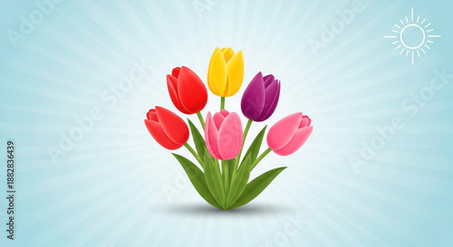 Vibrant tulip bouquet with red pink purple and yellow flowers on green stems against a sunny blue background with a radiant sun symbol