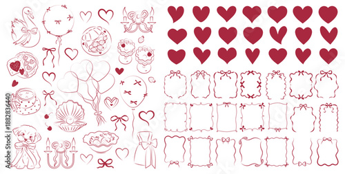 Valentine day red icons. Hand drawn love hearts. Vector illustration. Heart in red color, party icon for design. Love, romance hearts. Vector icons. Heart love symbol, bows. For gifts, Valentine's Day