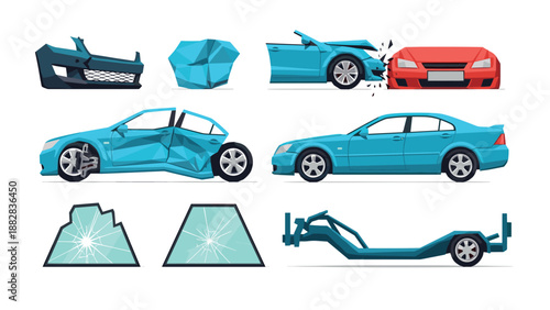 Car accident diagram: vehicle damage stages and impact analysis in flat style