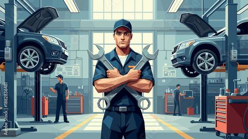 Skilled mechanic in modern garage with tools and raised cars in background