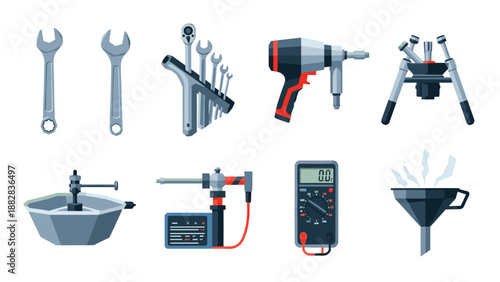 Workshop tools set showcasing wrenches, drill, and equipment in modern flat design