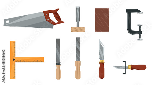 Essential carpentry tools collection in flat design for woodworking projects