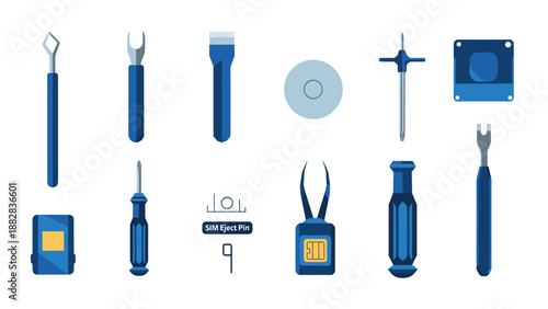Electronic repair tools set in blue tones for technical toolkit
