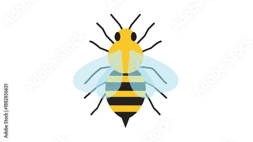 Bright yellow and black striped bee illustration with translucent blue wings a friendly minimalist insect design perfect for nature and spring
