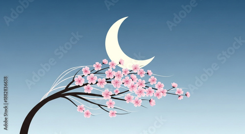 Blooming cherry blossom tree branch with pink flowers against a serene blue gradient sky and white crescent moon