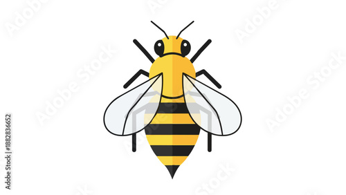 Bright yellow and black striped honeybee illustration, a charming flat design insect graphic portraying a pollinator. This vivid emblem represents