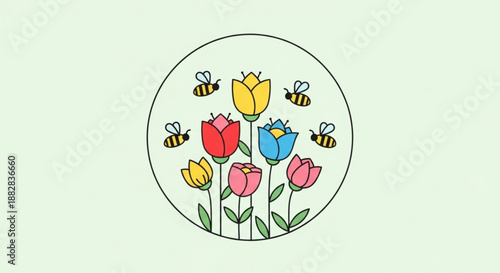 Colorful tulips and buzzing bees in a circular floral pattern with vibrant flowers