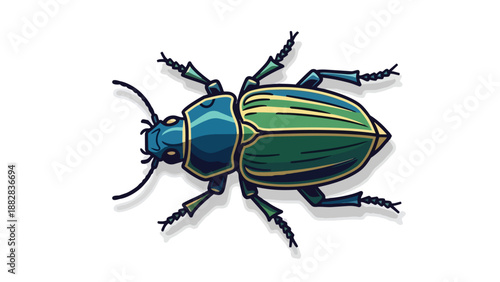 Vibrantly stylized cartoon beetle illustration in striking green and blue hues, detailed artwork suitable for nature themes and educational