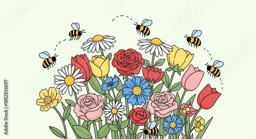 Colorful bouquet of flowers with buzzing bees in garden springtime floral arrangement with roses tulips daisies