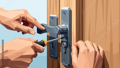 Person repairing door lock with screwdriver in geometric art style