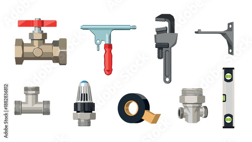 Essential plumbing tools and equipment set in modern flat design
