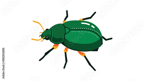 Vibrant emerald beetle illustration with stylized features and bright orange accents