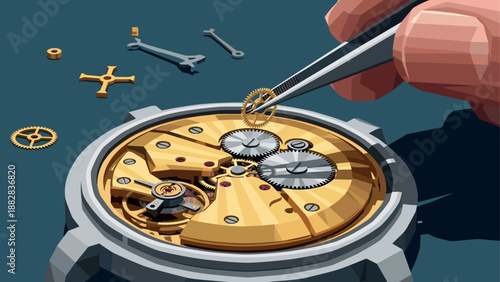 Precision crafting of mechanical watch gears in detailed isometric art
