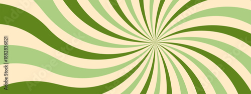 Swirl groovy starburst retro background. Radiating rays vector illustration in a vintage color palette of pastel green colored