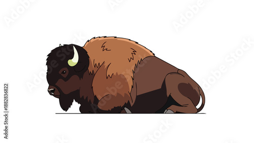 A charming cartoon illustration portrays a majestic American bison resting peacefully on the ground in a delightful, friendly, and approachable