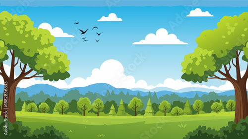 Beautiful summer landscape vector illustration of green trees, fields, mountains and sky with clouds