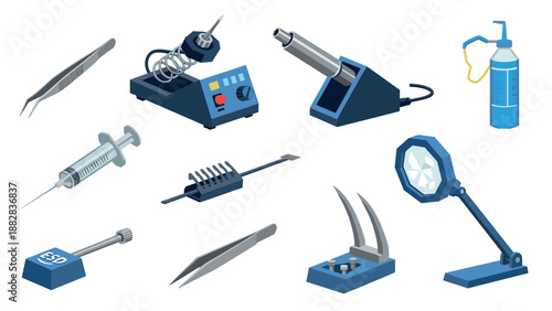 Collection of precision tools for electronics and soldering with detailed components