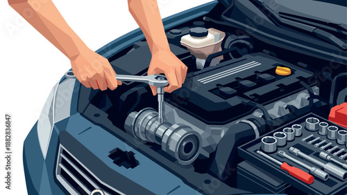 Mechanic using wrench to repair car engine in detailed close-up view
