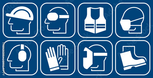 Mandatory sign set, Protective workwear icons, Safety work equipment and protective clothing, Construction safety labels