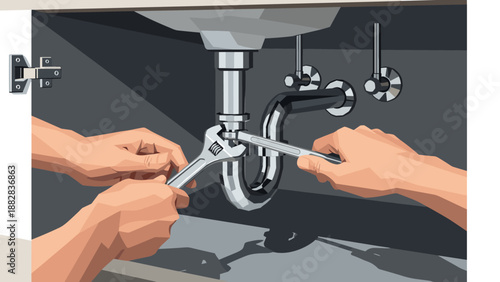 Hands fixing sink pipe: plumbing repair scene in geometric art