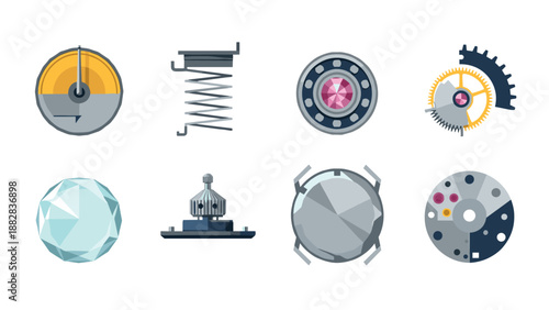 Mechanical elements set featuring springs, gears, and bearings in flat design style