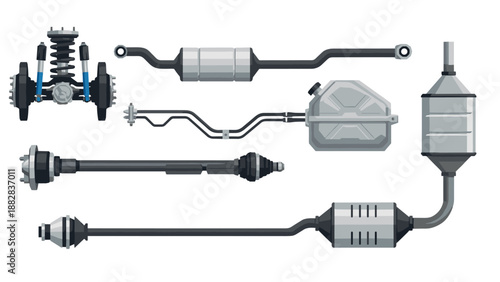 Automotive parts collection featuring exhaust system and suspension components in a flat design
