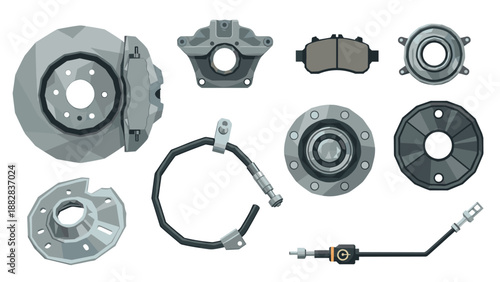 Set of automotive car parts in detailed flat design for repair and maintenance