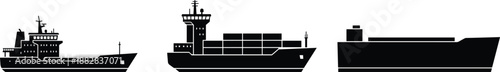 Cargo ship silhouette illustration set, container and tanker vessels, maritime transportation concept, industrial shipping logistics, ocean freight design