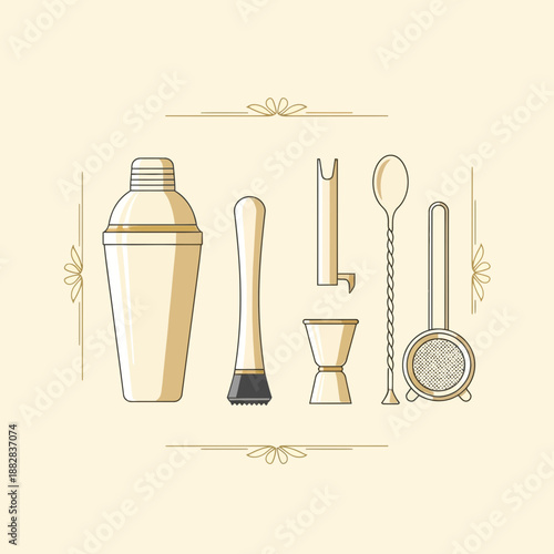 Elegant Bar Tools and Cocktail Equipment Illustration for Craft Beverages and Mixology