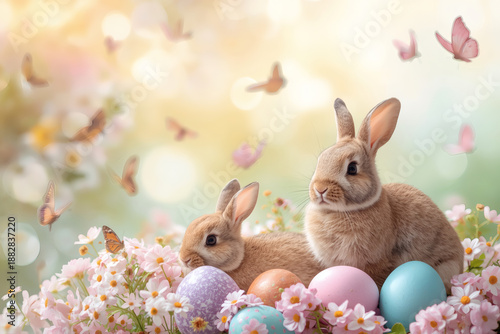 A holiday card or banner. Easter bunnies are lying on Easter eggs and looking at the camera. The concept of a happy Easter in 2026.
