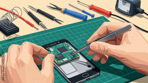 Repairing smartphone with precision tools on workbench