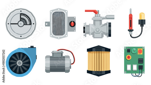 Detailed flat design of industrial components with mechanical and electrical elements