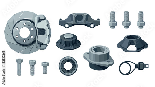 Collection of automotive brake components and hardware in isometric style