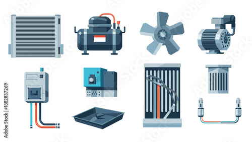 Industrial equipment set featuring air conditioner and compressor components in modern design