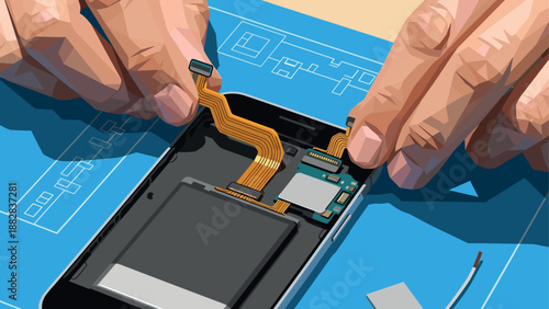 Hands repairing smartphone with precision tools on workbench