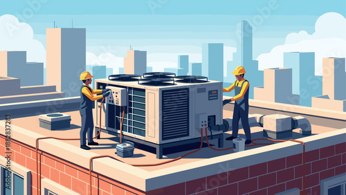 Technicians repairing rooftop air conditioning unit in urban cityscape