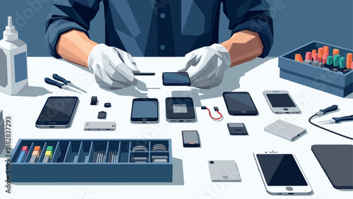 Mobile repair technician working with smartphone tools on desk