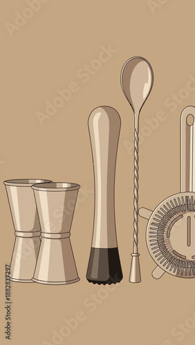 Elegant Bar Tools Illustration: Cocktail Shakers, Muddler, Strainer, And Bar Spoon, Ready for
