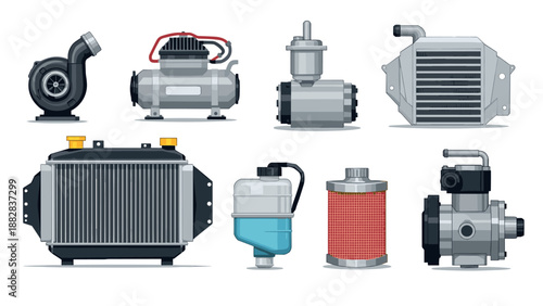 Automotive parts collection: turbocharger, radiator, intercooler, and more