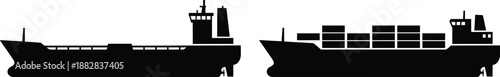 Tanker ship and container ship silhouette illustration, maritime transportation vessels, industrial shipping logistics, freight transport, marine industry