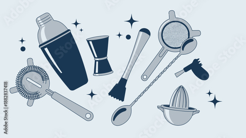 Elegant Bar Tools Illustration For Craft Cocktail Preparation And Mixology Concepts