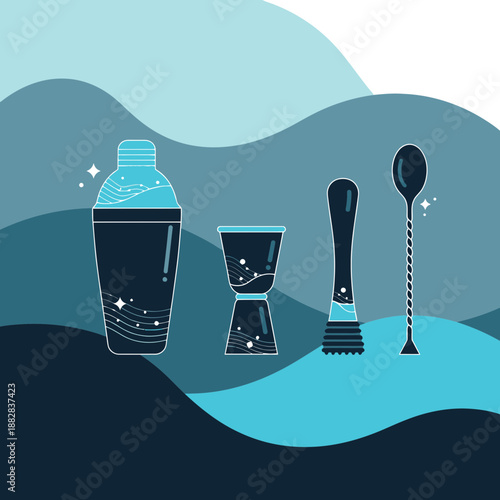 Elegant Bar Tools Illustration For Craft Cocktails on a Layered Abstract Background