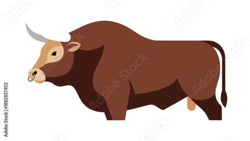 Robust horned bovine with a nose ring, depicted in a modern, stylized graphic illustration on a white background