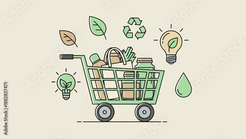 Eco-Friendly Shopping Cart With Sustainable Groceries And Green Energy Symbols