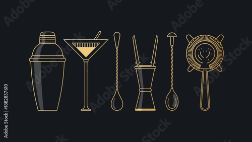Elegant Bar Tools Illustration, Featuring Cocktail Shaker, Martini Glass, and Bar Utensils