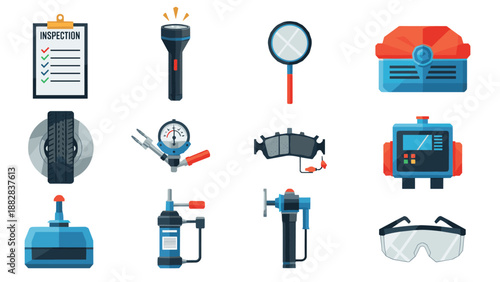 Car inspection tools: flashlight, magnifier, brake pad, tire gauge, safety glasses