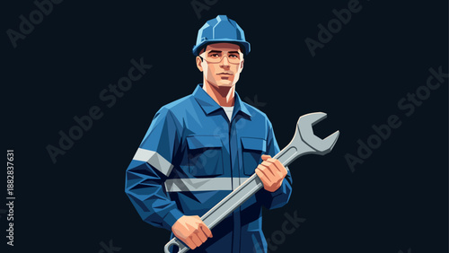 Industrial worker holding wrench on dark background