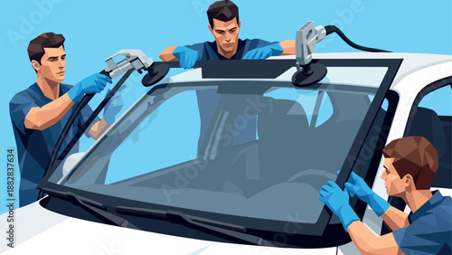 Workers replacing car windshield: flat design of auto repair scene